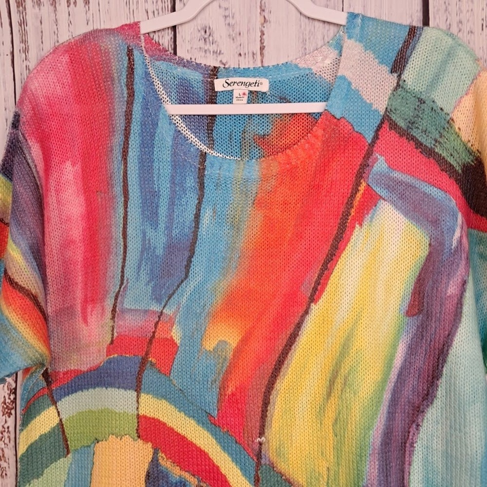SERENGETI L Watercolor Knit Top Short Sleeve Painterly Art to Wear Bright Funky - Picture 3 of 7